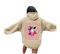 Générique Sweat à Capuche imprimé Halloween pour Femmes, Autonome en Octobre, Nous portons Une sorcière pour la Sensibilisation au Cancer du Sein Shirt Chat Womens Sweater V Neck (Beige, M)