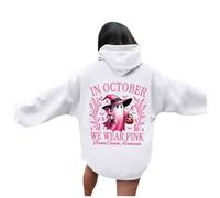 Générique Sweat à Capuche imprimé Halloween pour Femmes, Autonome en Octobre, Nous portons Une sorcière pour la Sensibilisation au Cancer du Sein Shirt Chat Womens Sweater V Neck (White, XXL)