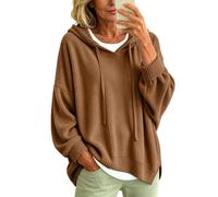 Générique Sweat à Capuche Tricoté Femme Motif Léopard Manches 3/4 Col en V Cordon Ajustable, Pull Poncho Oversize Décontracté Confortable Tendance, Haut pour Automne Hiver Mi-Saison Casual Bureau