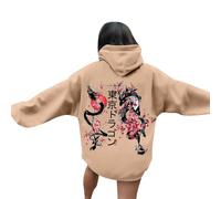Générique Sweat à Capuche Unisexe Pull Imprimé Double Lettrage Japonais Poche Confort pour l'Automne Hiver Parfait pour Les Sorties Street et Les Rencontres Mode(Khaki, L)