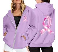 Générique Sweat Femme Veste Bleu De Chine Ruban Sensibilisation À Capuche Zippé pour Pull Cardigan Pink October Sweatshirt Oversize Sport Blousons Printemps Automne Light Violet #1 L