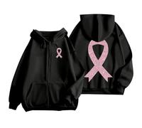 Générique Sweat Femme Vêtements Cardigan Soutien Cancer du Sein Pull À Capuche Sweats Veste Pas Cher Zippé Bleu De Chine Ruban Rose avec Poches Taille Plus Scolaire Manches Longues Le Noir M