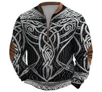 Générique Sweat Homme 3D Tricot Polaire Viking Nordique Demi-Zip sans Capuche Imprimé Celtique Pull Mythologie Médiévale Thermique Hoodie Guerrier Chaud Sweatshirt Renaissance Historique Gilet Hiver