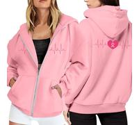 Générique Sweat Octobre Rose Automne Hiver Chaude Sweat a Capuche Femme Zippé Imprimé Ruban Rose Cancer du Sein Sweatshirts Sport Décontracté Veste Mi Saison Oversize Pulls