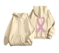 Générique Sweat Octobre Rose Cancer du Sein Pull Court Chaud de Sport Décontracté en Polaire avec Cordon Serrage et Fermeture éclair Mensuelle la Prévention des Femmes Plaid Sweat Capuche pour Femme