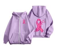Générique Sweat Octobre Rose Cancer du Sein Pull Court Chaud de Sport Décontracté en Polaire avec Cordon Serrage et Fermeture éclair Mensuelle la Prévention des Femmes Plaid Sweat Capuche pour Femme