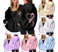 Générique Sweat Zippé Capuche Femme Octobre Rose Imprimé Ruban Rose Cancer du Sein Coupe Ample Manches Longues Coton Doux Sweatshirt Hoodies avec Poches Veste Décontractée Chaude Automne Hiver