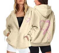 Générique Sweat Zippé Capuche Femme Octobre Rose Imprimé Ruban Rose Cancer du Sein Coupe Ample Manches Longues Coton Doux Sweatshirt Hoodies avec Poches Veste Décontractée Chaude Automne Hiver