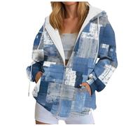 Générique Sweatshirt Femme à Capuche avec Zippée，Veste à Capuche Fourrée Blouson Doublé，Sweat Décontracté Imprimé Carreaux en Polaire ，Manteau Femme Hiver en Peluche Épaissir Doux Chic (Blue, XXXL)