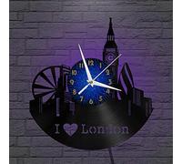 Générique SZGFR Londres Vue sur la Ville 5 Horloge Murale en Vinyle, Horloge d’Enregistrement en Vinyle Art Mural Noir 12 Pouces pour Chambre à Coucher de Salon(12 Pouces B avec LED)