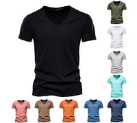 Générique T-Shirt À Manches Court Été Henley T-Shirt Décontracté T-Shirt Hommes Été Cool Shirt De Sport Décontracté Plage Tropicale pour Hommes T-Shirt à Manches Courtes en Coton à col en V (Noir, L)