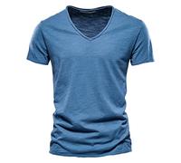 Générique T-Shirt À Manches Court Été Henley T-Shirt Décontracté T-Shirt Hommes Été Cool Shirt De Sport Décontracté Plage Tropicale pour Hommes T-Shirt à Manches Courtes en Coton à col en V (Bleu, L)
