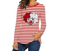 Générique T-Shirt à Manches Longues pour Femme Style Marin Rayé avec Imprimé Clown Col Rond Décontracté Idéal pour Costume de Carnaval et Fête à Thème Tenue Déguisement Festival