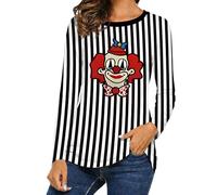 Générique T-Shirt à Manches Longues pour Femme Style Marin Rayé avec Imprimé Clown Col Rond Décontracté Idéal pour Costume de Carnaval et Fête à Thème Tenue Déguisement Festival
