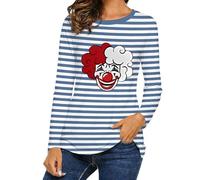 Générique T-Shirt à Manches Longues pour Femme Style Marin Rayé avec Imprimé Clown Col Rond Décontracté Idéal pour Costume de Carnaval et Fête à Thème Tenue Déguisement Festival