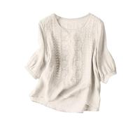 Générique T-Shirt Ample en Coton et Lin pour Femmes, Mode décontractée, Cinq Manchettes, col en V, d'été (White, M)