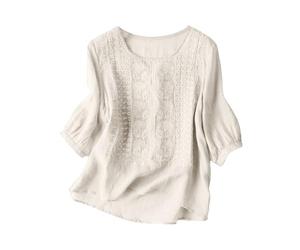 Générique T-Shirt Ample en Coton et Lin pour Femmes, Mode décontractée, Cinq Manchettes, col en V, d'été (White, M)