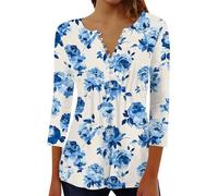 Générique T-Shirt Ample et décontracté à Manches Sept-Quarts pour Femme, col en V, boutonné, plissé, imprimé Chemises Boutonnées Carreaux pour Femmes Rouges (Blue, S)
