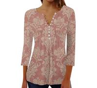 Générique T-Shirt Ample et décontracté à Manches Sept-Quarts pour Femme, col en V, boutonné, plissé, imprimé Blouses Femmes Manches Courtes (Brick Red, XXXL)