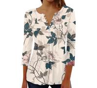 Générique T-Shirt Ample et décontracté à Manches Sept-Quarts pour Femme, col en V, boutonné, plissé, imprimé Chemisiers Manches Courtes pour Femmes Habillées (Khaki, XXL)