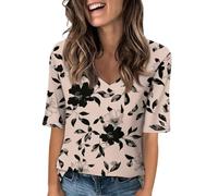 Générique T-Shirt Basique Col V Demi-Manches Longueur Coude Ajusté 2026, Tunique et Blouse Tendance pour des Styles soignés ou décontractés Durant Les journées ensoleillées de l'été(Beige, S)