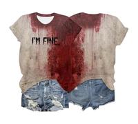 Générique T-Shirt Blood Halloween T Shirt Femmes Problèmes Résolus Pull Col en V Manches Courtes Croquis de Sang Halloween Costume Casual Chemisier Bloodstained Top T-Shirt
