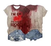 Générique T-Shirt Blood Halloween T Shirt Femmes Problèmes Résolus Pull Col en V Manches Courtes Croquis de Sang Halloween Costume Casual Chemisier Bloodstained Top Mode T-Shirt