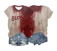 Générique T-Shirt Blood Halloween T Shirt Femmes Problèmes Résolus Pull Col en V Manches Courtes Croquis de Sang Halloween Costume Casual Chemisier Bloodstained Top Mode T-Shirt