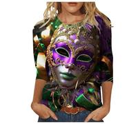 Générique T-Shirt De Carnaval Femme- Manches 3/4 avec Imprimé- Haut À Col Rond- Grande Tailles- Ample- T-Shirt De Fête pour Femme- Confort- Casual- Nouveaux- Mode Haut
