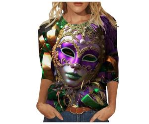 Générique T-Shirt De Carnaval Femme- Manches 3/4 avec Imprimé- Haut À Col Rond- Grande Tailles- Ample- T-Shirt De Fête pour Femme- Confort- Casual- Nouveaux- Mode Haut