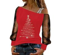 Générique T Shirt De Noël en Coton Tshirt De Noël Femme Off Shoulder Manches Longues T Shirt Élégant Lace Detail Casual Blouse Top Quotidien Confortable Fit pour Réunion Familiale