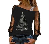 Générique T Shirt De Noël en Coton Tshirt De Noël Femme Off Shoulder Manches Longues T Shirt Élégant Lace Detail Casual Blouse Top Quotidien Confortable Fit pour Réunion Familiale