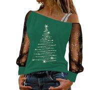 Générique T Shirt De Noël en Coton Tshirt De Noël Femme Off Shoulder Manches Longues T Shirt Élégant Lace Detail Casual Blouse Top Quotidien Confortable Fit pour Réunion Familiale