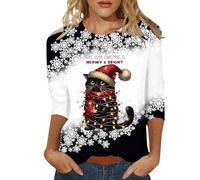 Générique T Shirt De Noël en Coton Tshirt De Noël Femme Women's Christmas Printed Manches Trois-Quarts Top Confortable Holiday Chemise pour Réunion Familiale