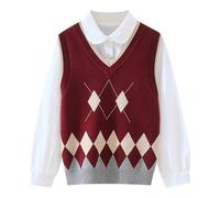 Générique T-Shirt Enfant - Pull tricoté Chaud sans Manches pour Tout-Petits garçons et Filles imprimé Treillis Cardigan Gilet (Brick Red 15-16 Years)