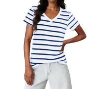 Générique T-Shirt Femme à Manches Courtes avec Col en V Décontracté et Tendances Rayures pour Style Quotidien (Blue, XL)