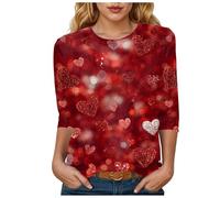 Générique T-Shirt Femme Manche 3/4 Léger et Respirant Top Festif Imprimé Tshirt Chemise De Fetes Grande Taille Col Rond Haut Mode Printemps Été pour Rencontre Amoureuse