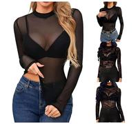 Générique T-Shirt Femme Mesh Blouse Sexy Transparente Tops Moulant à Manches Longues Clubwear Haut Voile Col Rond Serrée Elastique Fishnet Tee Shirt