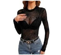 Générique T-Shirt Femme Mesh Blouse Sexy Transparente Tops Moulant à Manches Longues Clubwear Haut Voile Col Rond Serrée Elastique Fishnet Tee Shirt