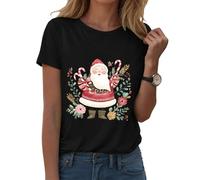Générique T-Shirt Femme Noël Manches Courtes Col Rond - Impression Complète Père Noël en Traîneau et Flocons de Neige - Haut Léger Confortable pour Les Fêtes
