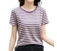 Générique T-Shirt Femme Style Coréen Rétro à Rayures Coupe Ample Col Rond Manches Courtes Design Moderne Contrasté (Purple, XXL)