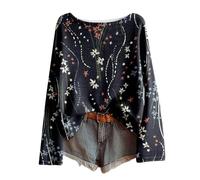 Générique T Shirt Femme Vintage Col Rond Manche Longue Pull Imprimé Floral Ajustement Lâche Décontracté Comfortable Pullover Retro Grande Taille 2025