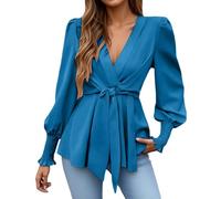 Générique T Shirt Manche Longue Femme- Blouse De Travail Uni Élégant à Col Noué Et Ceinture à La Taille pour Une Tenue Décontractée Et Tendance en éTé Basique