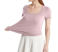 Générique T Shirt Manche Longue Femme T-Shirt à Manches Courtes pour Femme avec Coussinet de Poitrine avec Ourlet en Arc irrégulier et Bas de Soutien-Gorge Haut à col carré.(L)