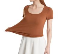 Générique T Shirt Manche Longue Femme T-Shirt à Manches Courtes pour Femme avec Coussinet de Poitrine avec Ourlet en Arc irrégulier et Bas de Soutien-Gorge Haut à col carré.(Brown,XL)