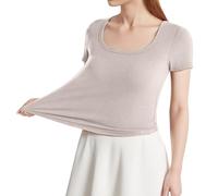 Générique T Shirt Manche Longue Femme T-Shirt à Manches Courtes pour Femme avec Coussinet de Poitrine avec Ourlet en Arc irrégulier et Bas de Soutien-Gorge Haut à col carré.(Khaki,L)