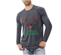 Générique T Shirt Manche Longue Homme Hiver Noel Tee Shirt avec Imprimé Tête D'Élan de Noël Polo Col Rond Neige Tee Shirt Confortable Chemise Vacances Loisirs Gris M