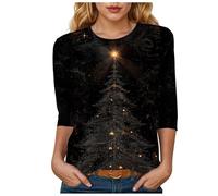 Générique T Shirt Manches 3/4 Thème Fêtes en Coton T Shirt Basique Agréable À Porter Moderne Le Haut Confortable pour Une Soirée Cocooning en Hiver Ou Un Look Décontracté pour Noël
