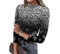 Générique T Shirt Manches Longues Femme Blouses Col Montant Pull Femme Sweat Brillant Carnaval Haut Cocktail Paillettes Chemisier Confortable Classique Chemisiers pour Les Réunions Gris M