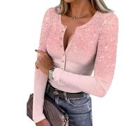 Générique T Shirt Manches Longues Femme Blouses Paillettes Top Bal Masqué Chemisier Casual Classique Chemisiers Élégant Carnaval Top Décontractée Col Rond Haut pour Les Fêtes Rose Clair M